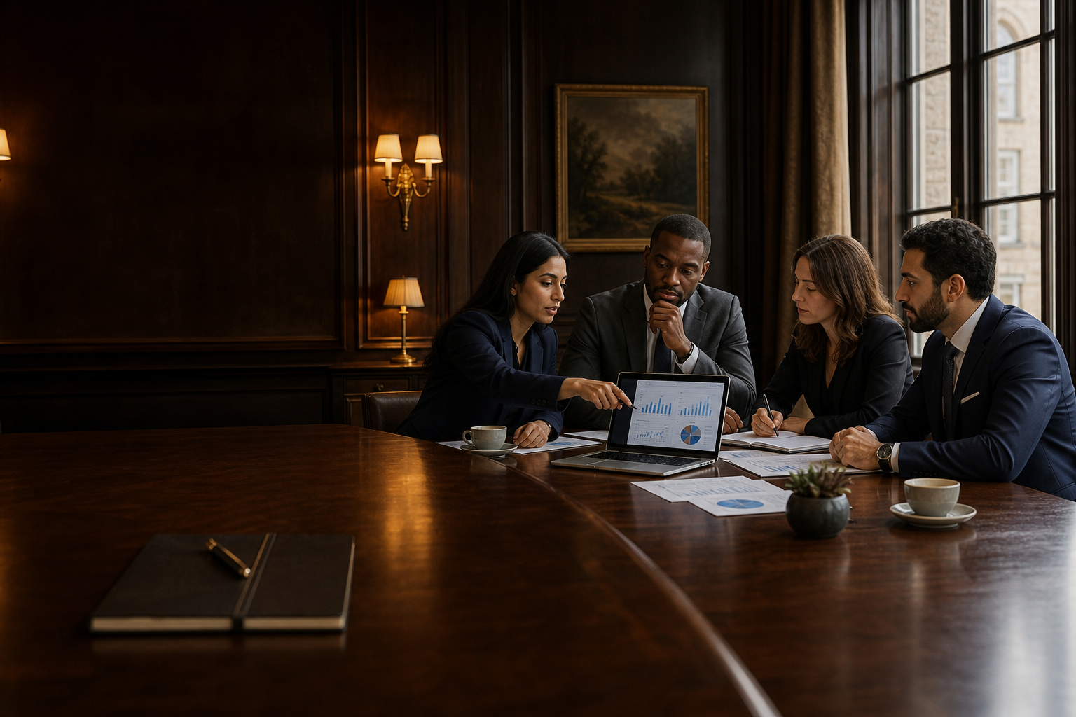 Dinson advisers in a boardroom reviewing figures together on a laptop