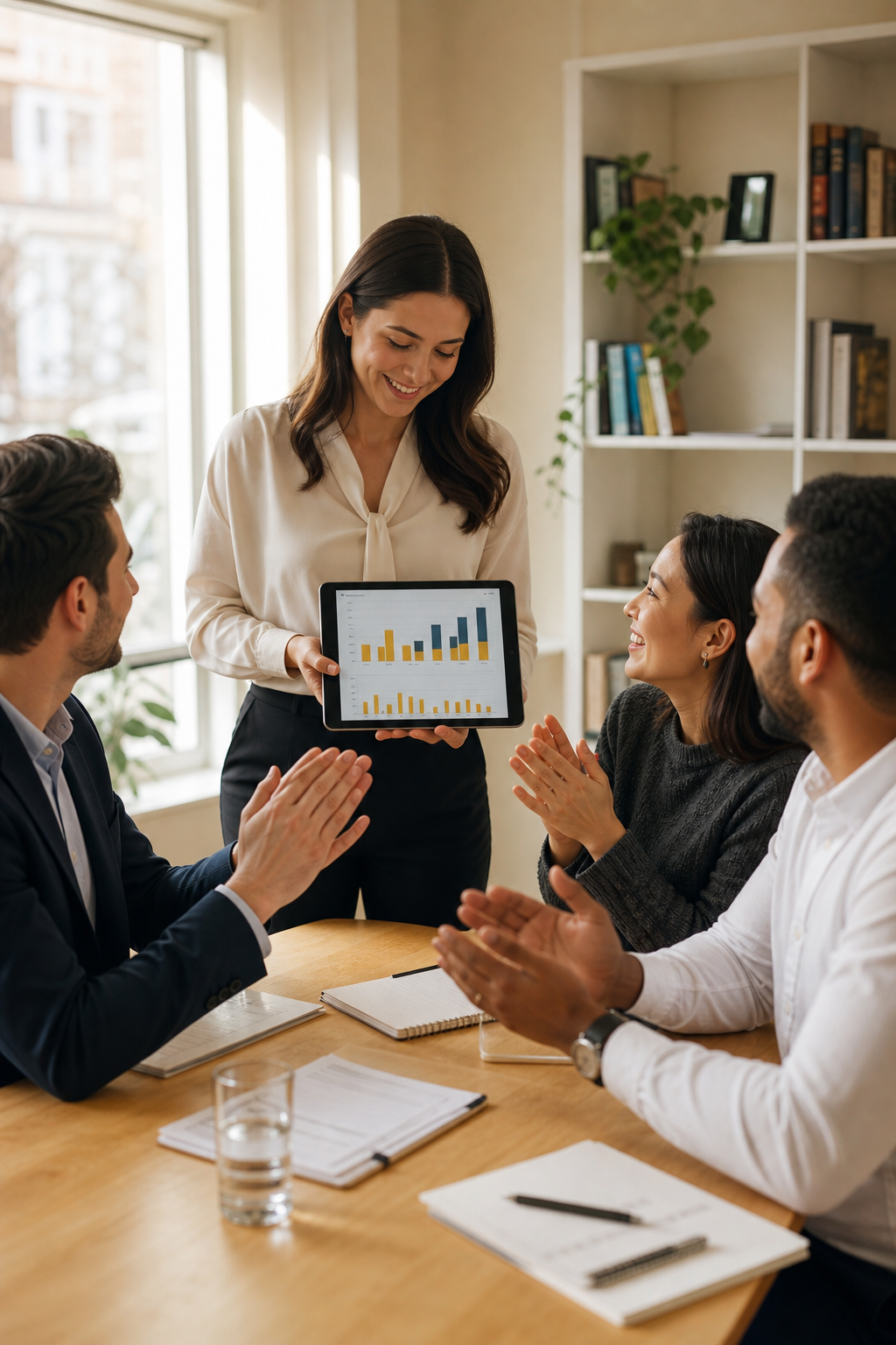 The Dinson team reviewing a budget presentation on a tablet and applauding the result