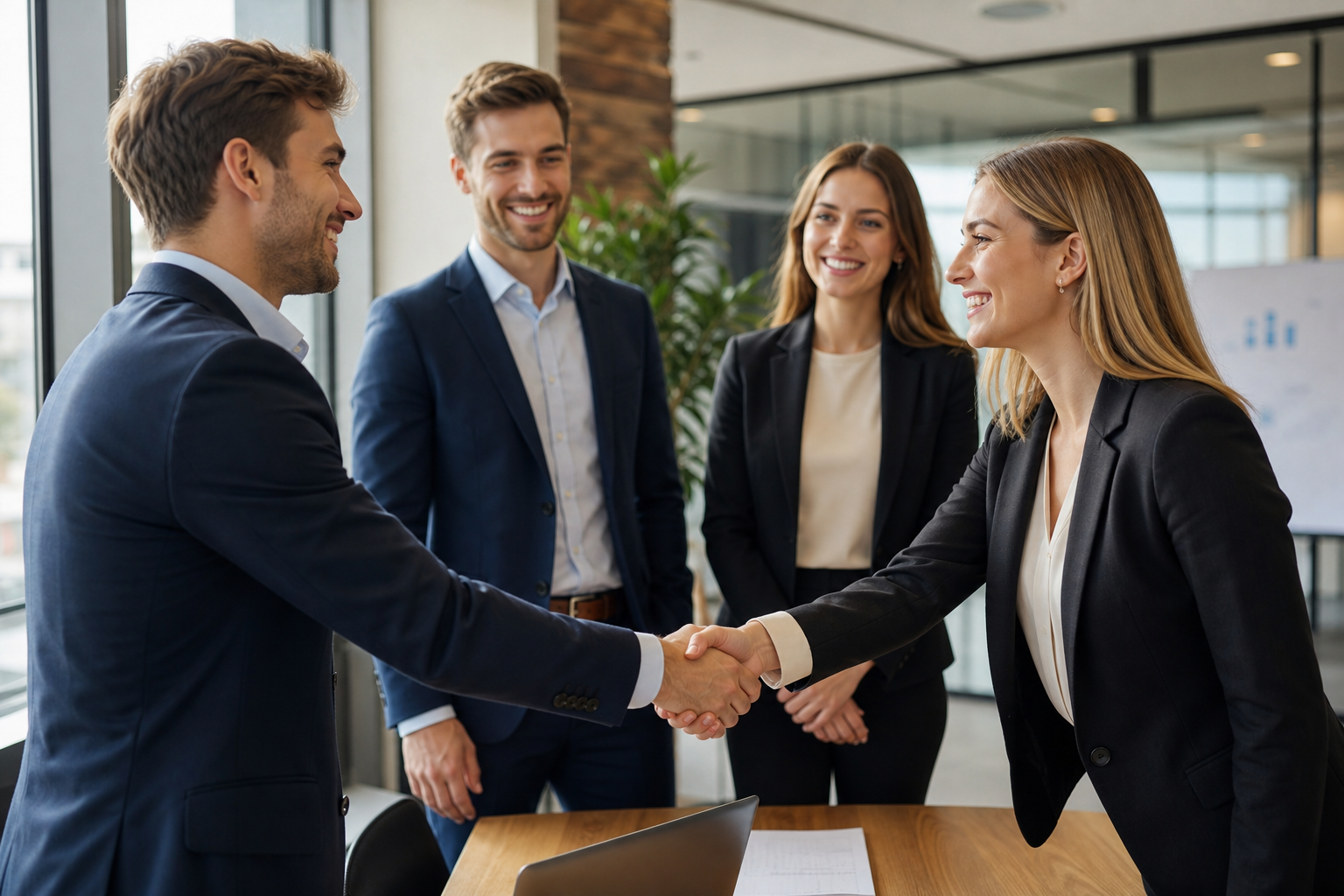 Young Dinson & Co. professionals in formal attire greeting each other with a handshake